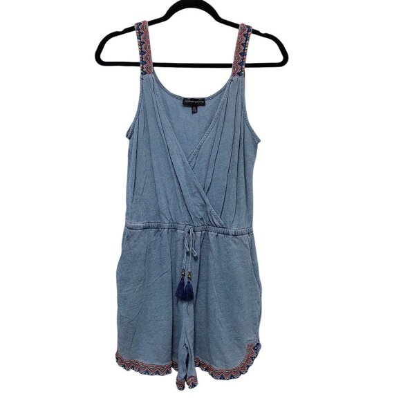 Spenser Jeremy Solid Light Blue Denim Embroidered V-neck Sleeveless Romper S/P - Picture 1 of 8